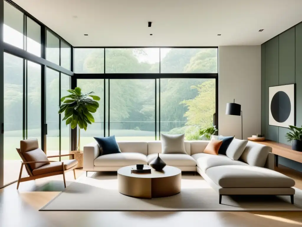 Diseño de interiores con feng shui: Amplia sala con luz natural, decoración minimalista y sensación de armonía y calma