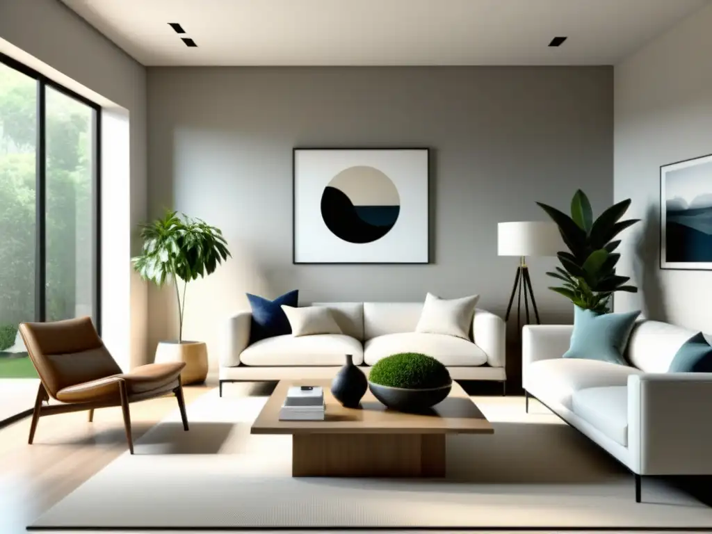 Diseño de interiores con feng shui: Sala minimalista y armoniosa con luz natural y elementos equilibrados