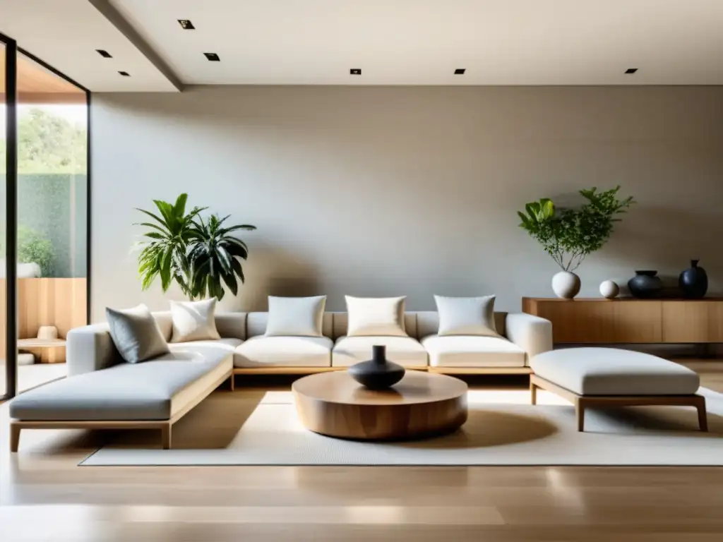 Diseño de interiores con Feng Shui: Sala minimalista inundada de luz natural, muebles orgánicos y plantas estratégicamente colocadas