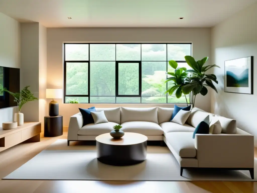 Diseño de interiores con feng shui: Sala minimalista serena con equilibrio, luz natural y armonía en tonos neutros