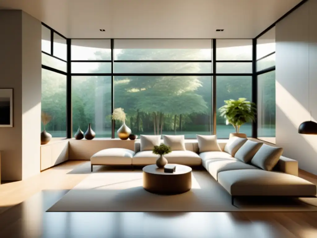 Diseño de interiores con feng shui: Sala minimalista serena con luz natural, muebles elegantes y equilibrio armonioso