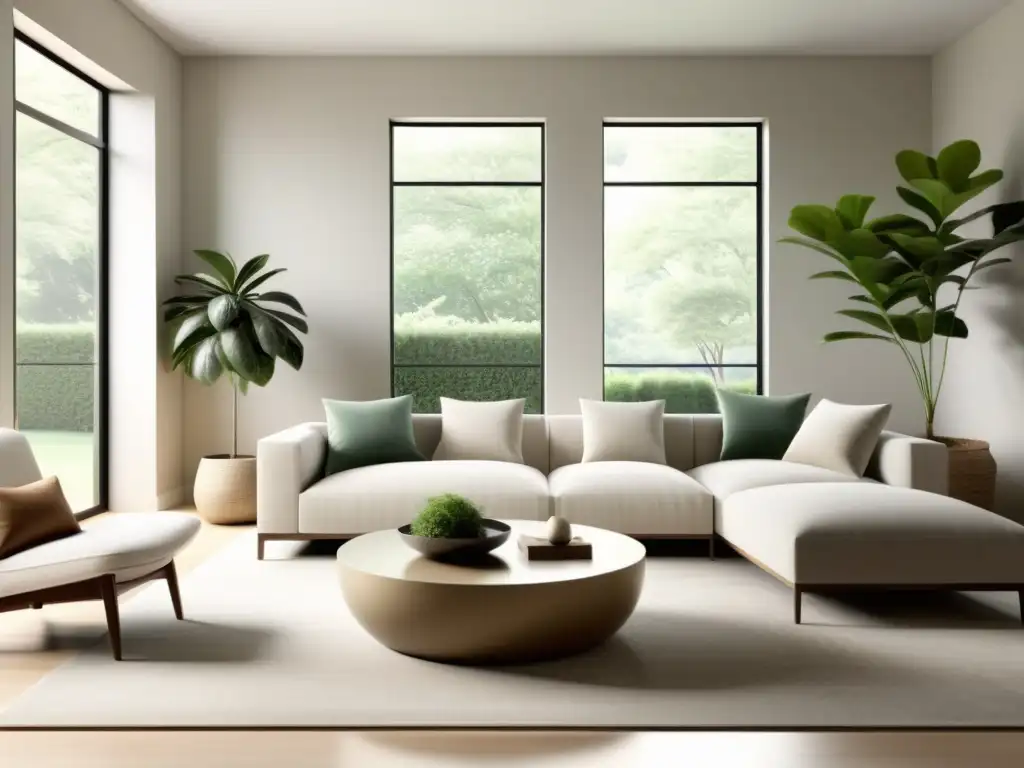 Diseño de interiores con Feng Shui: Sala minimalista serena con luz natural, muebles equilibrados y paleta de colores suaves y neutros