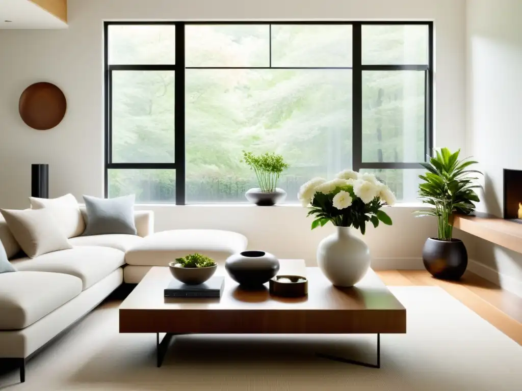 Diseño de interiores con Feng Shui: Sala minimalista serena con luz natural, líneas limpias y colores neutros, armonía y naturaleza