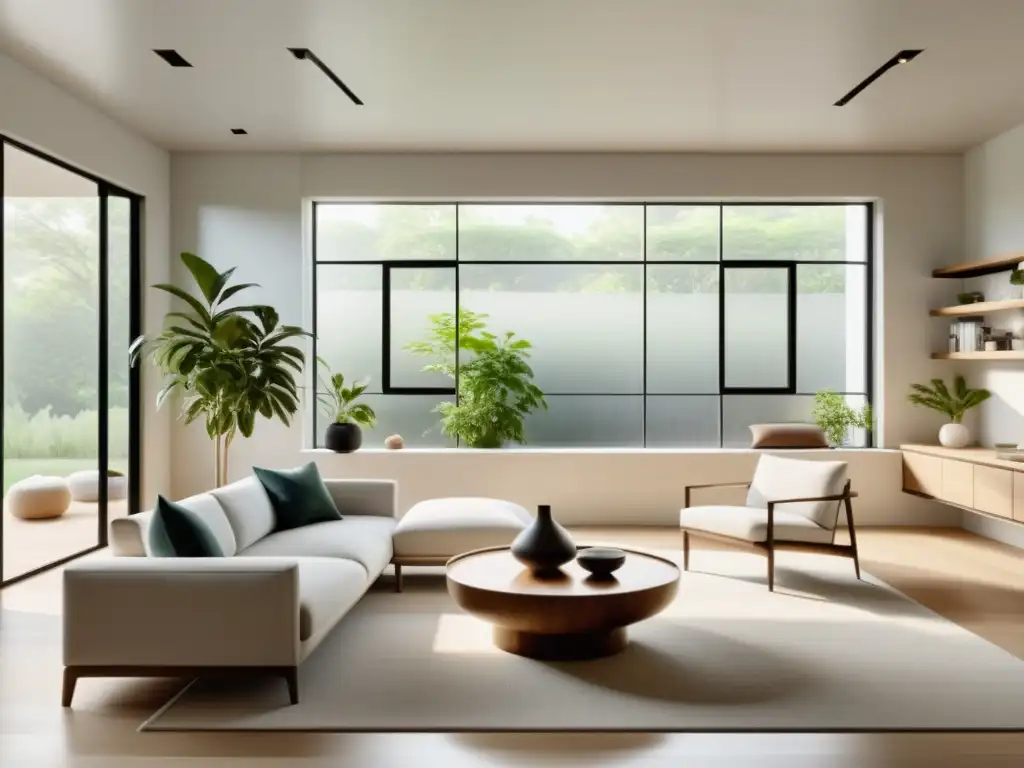 Diseño de interiores con Feng Shui: Sala minimalista serena con luz natural y muebles sostenibles en tonos neutros y toques de vegetación