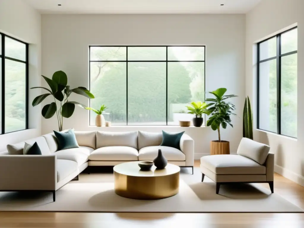 Diseño de interiores con Feng Shui: Sala minimalista y serena con luz natural y armonía en la decoración