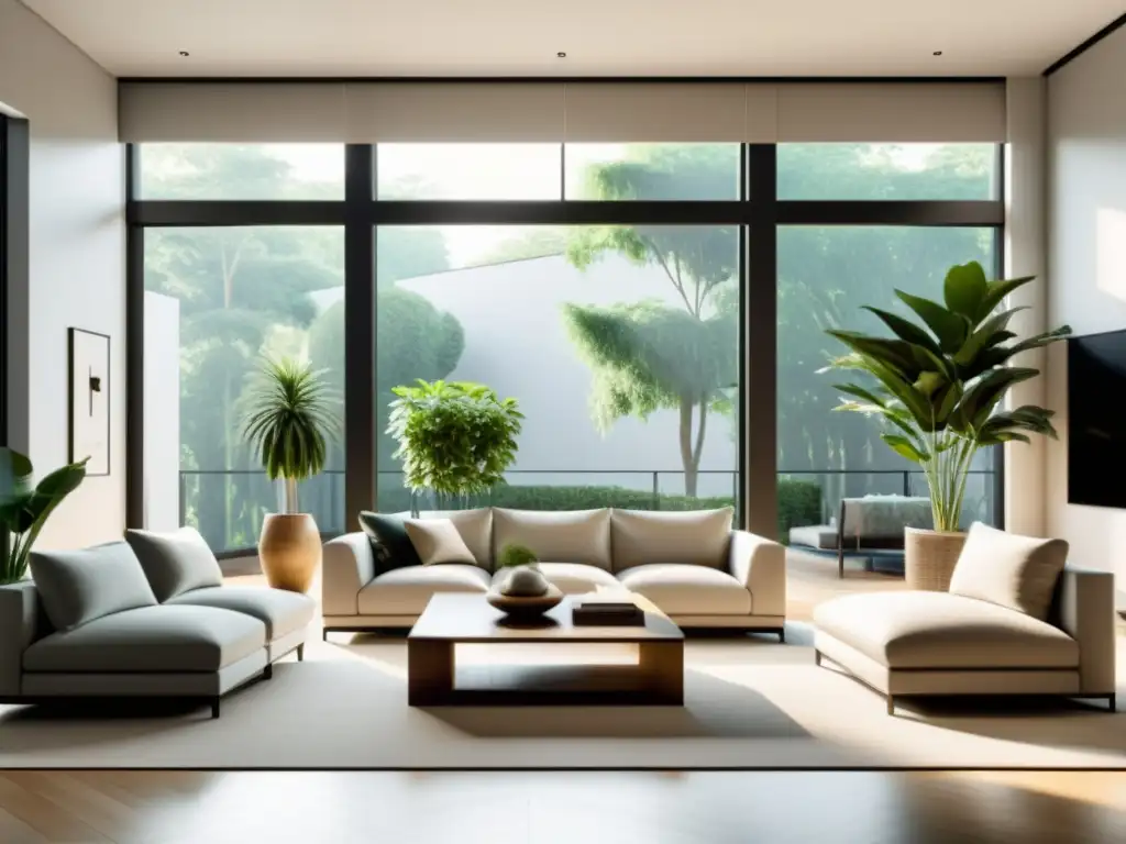 Diseño de interiores con feng shui: Sala luminosa y espaciosa con ventanales, mobiliario elegante y toque de verde