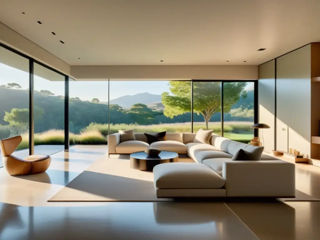 Diseño de interiores con feng shui: Sala de estar minimalista con luz natural y vistas a la naturaleza, transmitiendo calma y amplitud