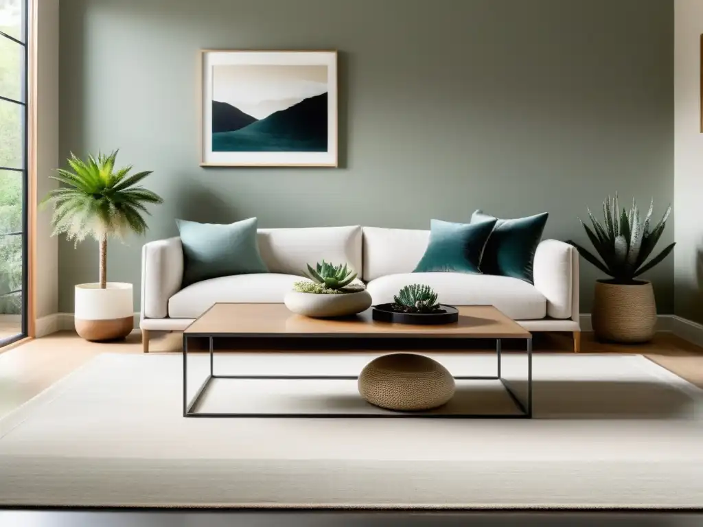 Diseño de interiores con Feng Shui: Sala de estar minimalista con tonos suaves y equilibrio natural