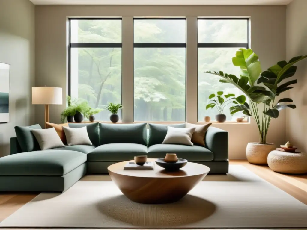 Diseño de interiores con Feng Shui: Sala de estar minimalista y tranquila con tonos terrosos, materiales naturales y luz suave