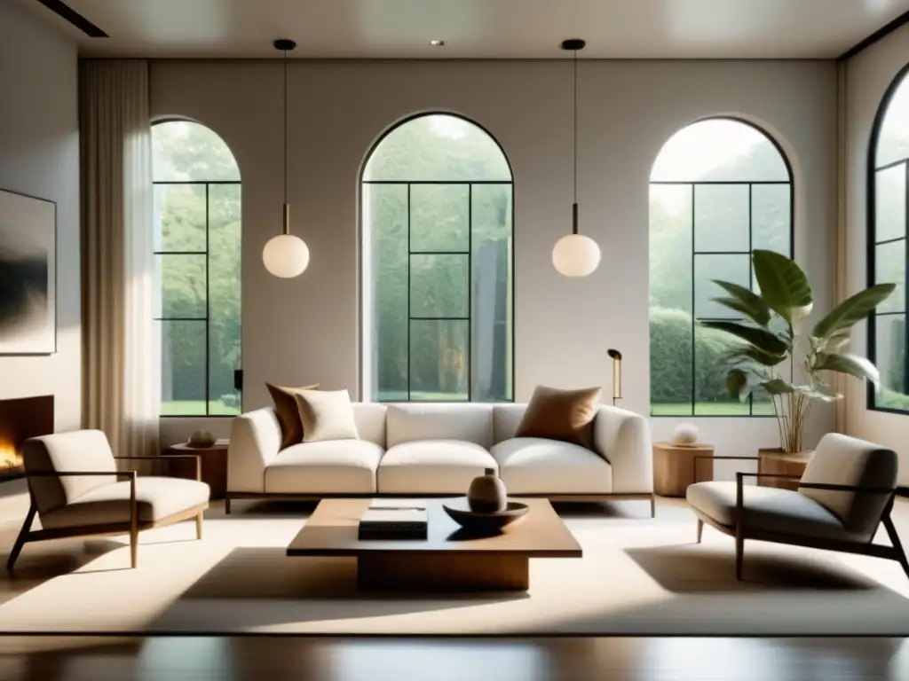 Diseño de interiores con Feng Shui: Sala de estar serena y minimalista con líneas limpias, colores neutros y armoniosa luz natural