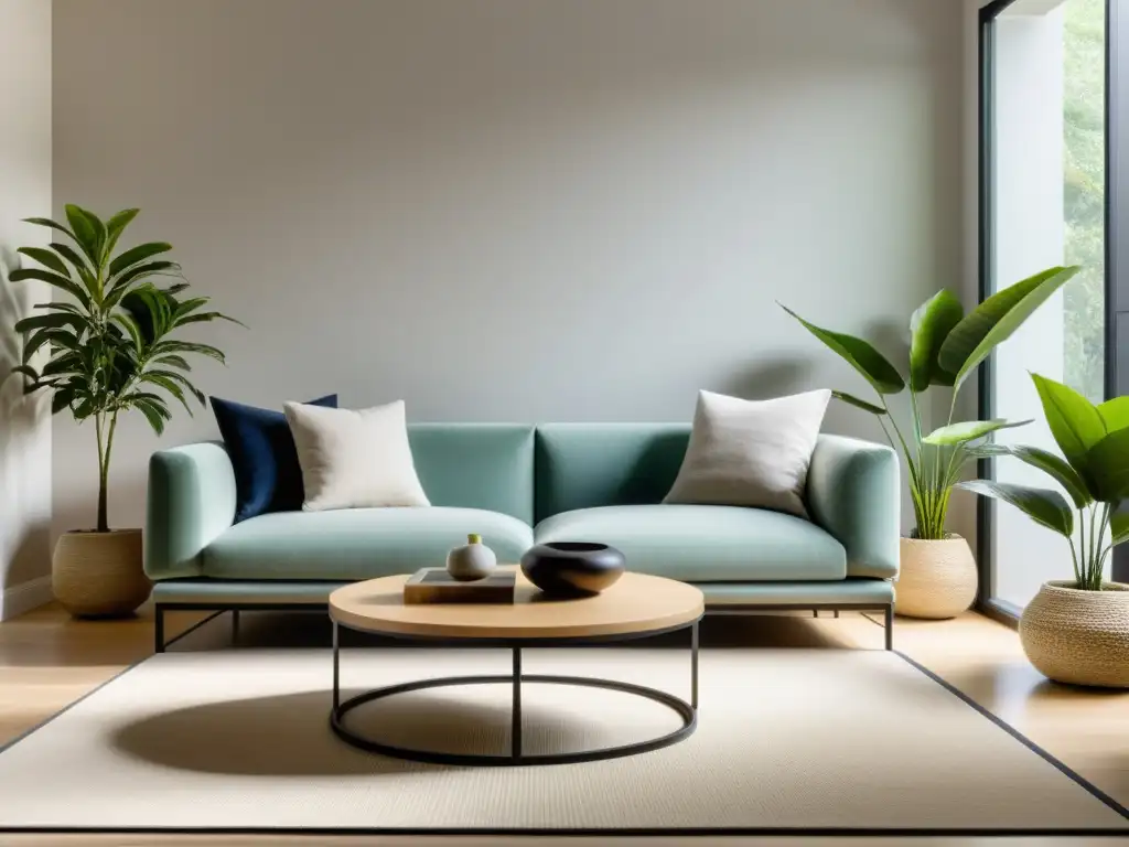 Fotografía de interiores para Feng Shui: Sala serena con líneas limpias, colores neutros y elementos de equilibrio y armonía