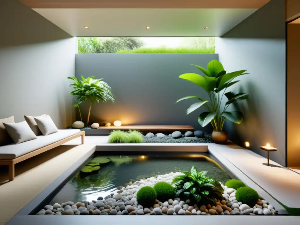 Un jardín interno de Feng Shui armonía, con rocas, arroyo y exuberante vegetación, bañado en suave luz natural