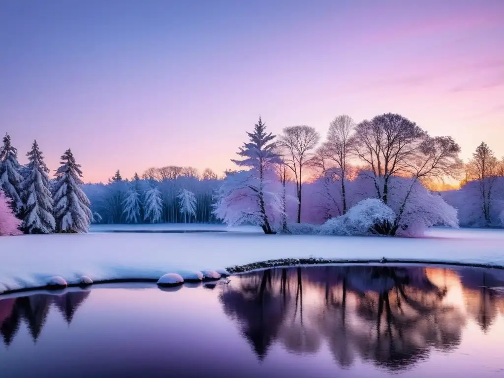 Una fotografía invernal con un paisaje nevado y un estanque congelado reflejando los árboles al atardecer, evocando paz y equilibrio