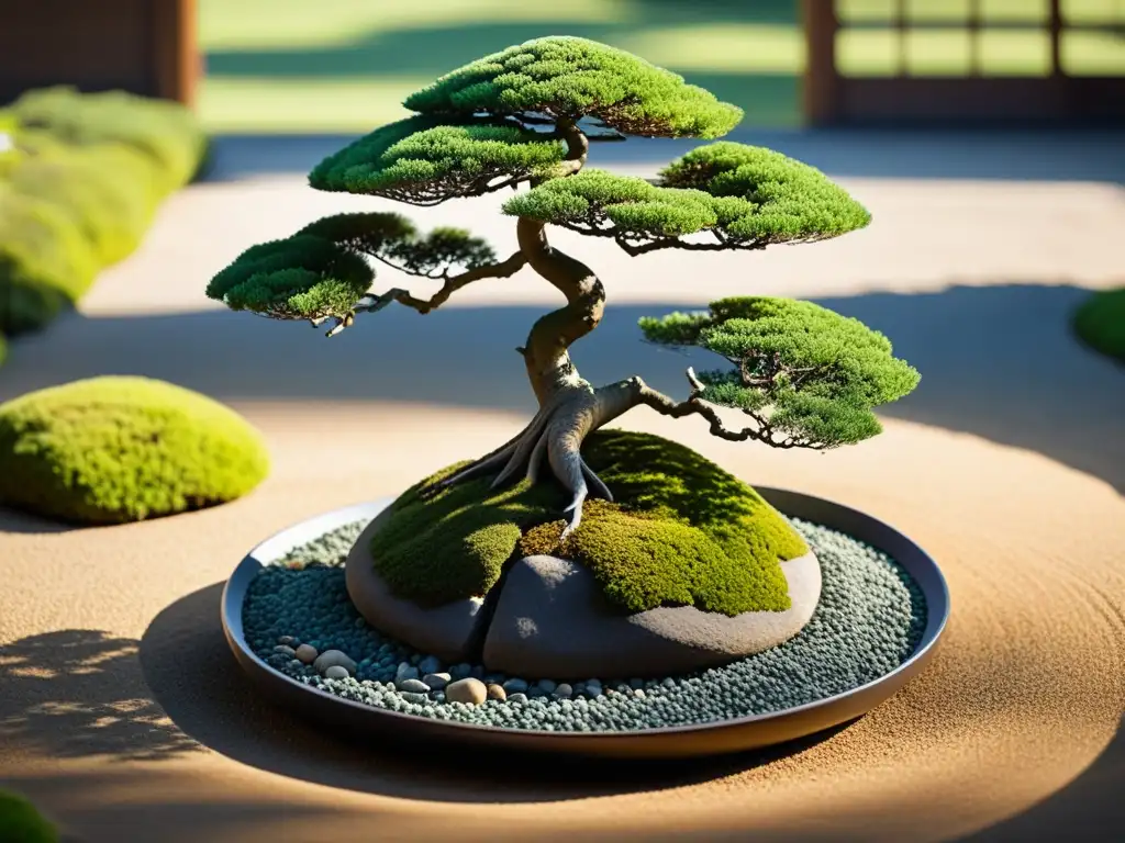 Jardín Zen japonés: armonía y tranquilidad Jardín Zen japonés con árbol bonsái, rocas y musgo
