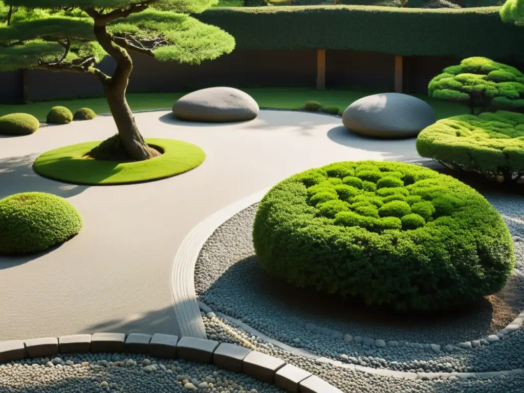 Un jardín Zen japonés con árboles y arbustos seleccionados cuidadosamente, diseñado según los principios del Feng Shui