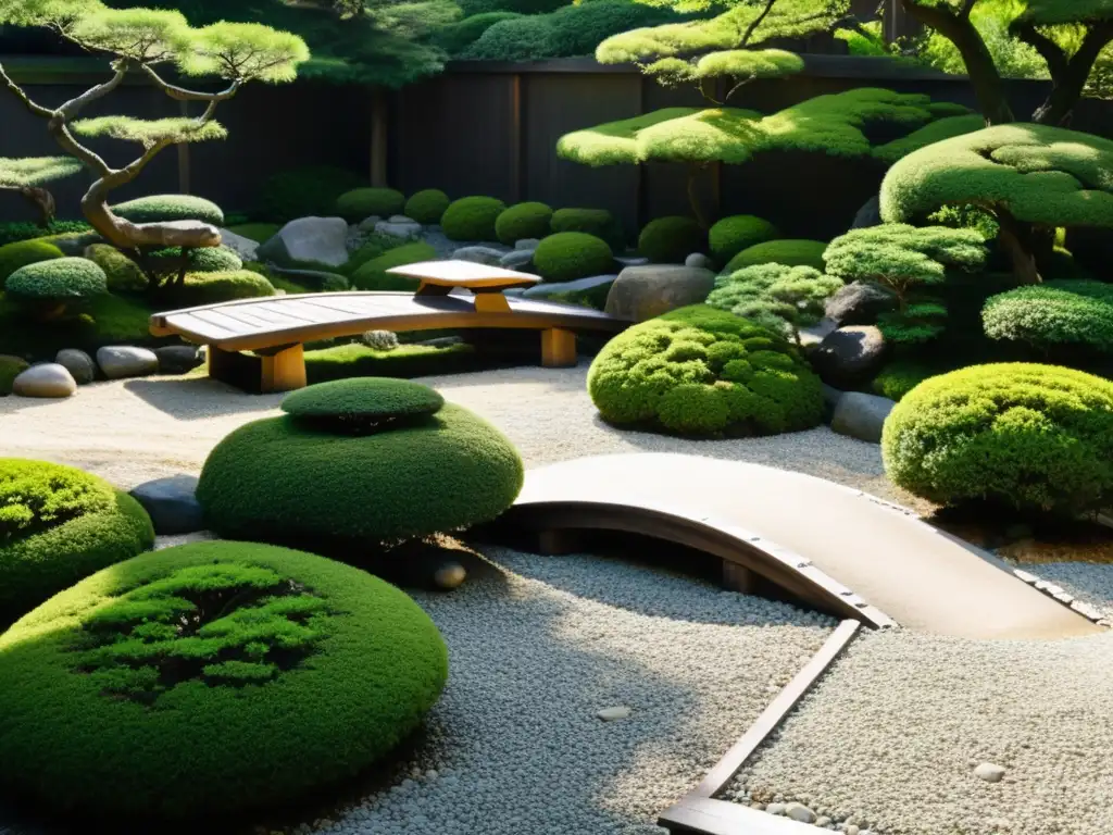 Un jardín japonés armonioso, con piedras, bonsáis y un puente sobre un arroyo tranquilo