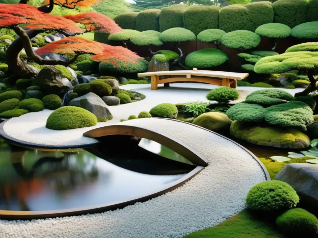 Un jardín japonés armonizado con elementos Feng Shui evocando serenidad y equilibrio