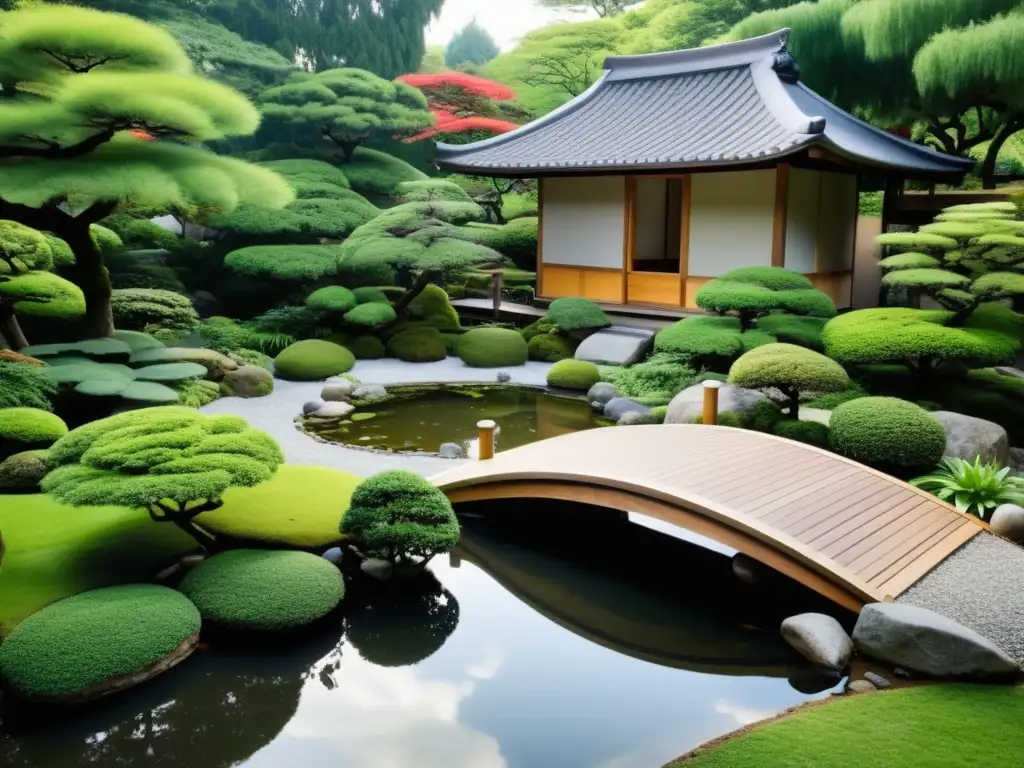 Un jardín japonés armonizado según los principios de Feng Shui: rocas, estanque, puentes y teahouse se funden en tranquilidad