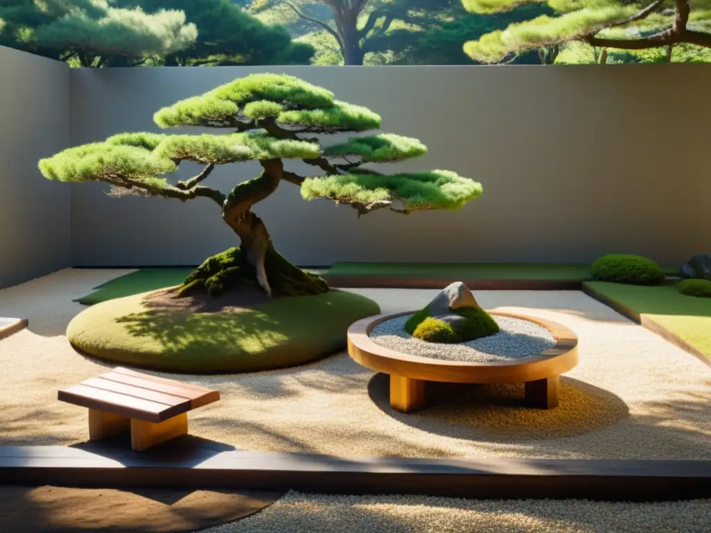 Jardín japonés con bonsái, piedras y bancos para armonización Feng Shui