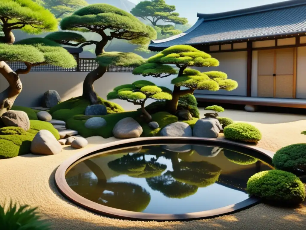 Un jardín japonés con bonsáis y un estanque, aplicando Feng Shui en la entrada principal