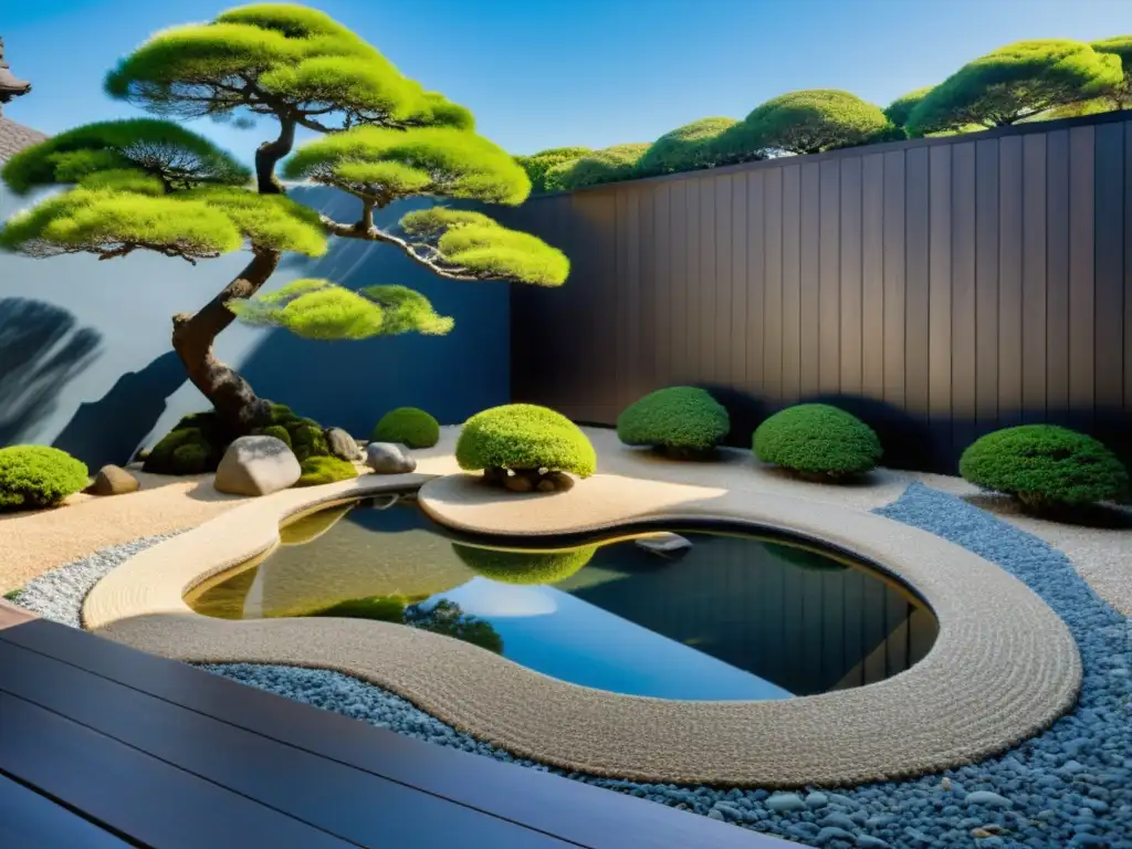 Un jardín zen japonés con diseño con conciencia Feng Shui: grava, rocas grandes, bonsáis, estanque y vallas de madera