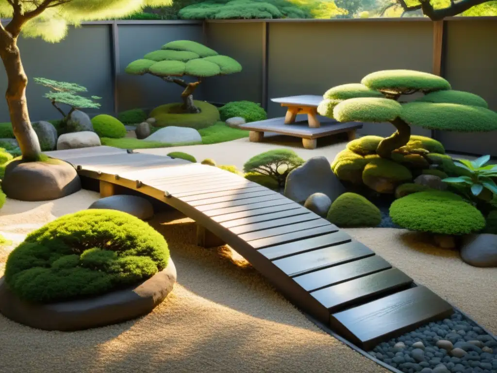 Jardín zen japonés con diseño minimalista, bonsáis cuidados y armonía tranquila