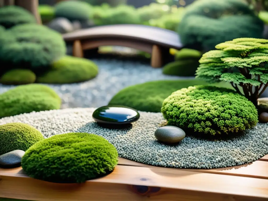 Un jardín japonés equilibrado con rocas, musgo, un puente de madera y frondosa vegetación