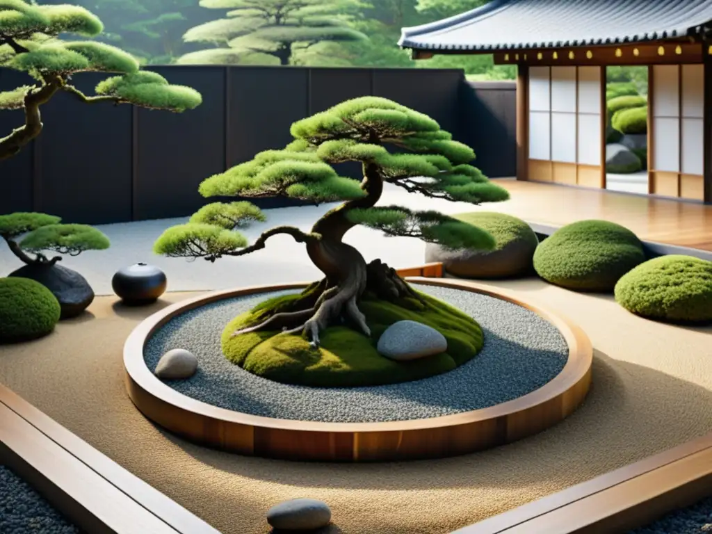 Jardín zen japonés con equilibrio espacios abiertos cerrados, bonsái y piedras cubiertas de musgo