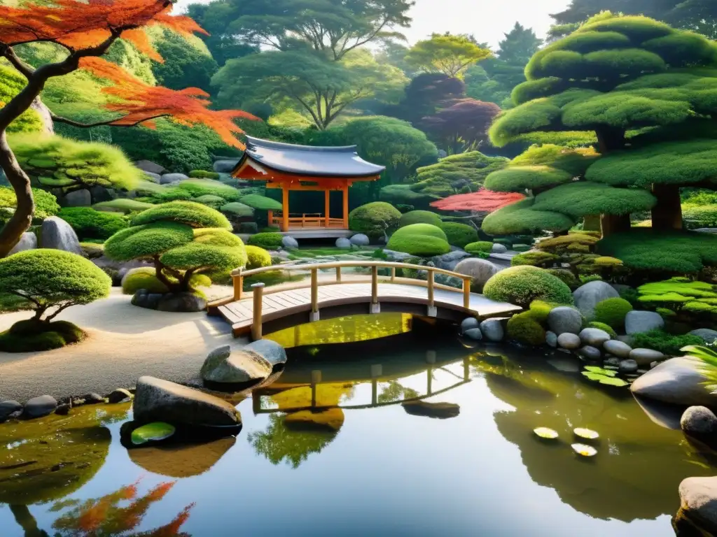 Jardín zen japonés con armonía y equilibrio, koi en estanque