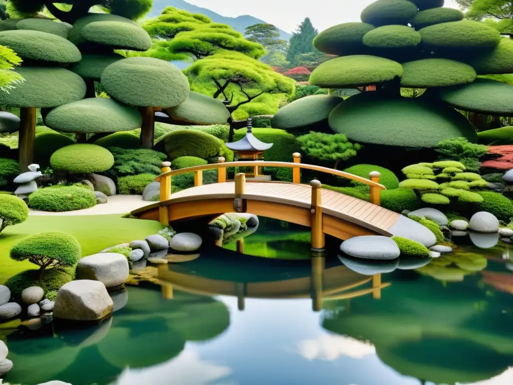 Jardín japonés con esculturas para armonizar, reflejando paz y equilibrio en la naturaleza según Feng Shui