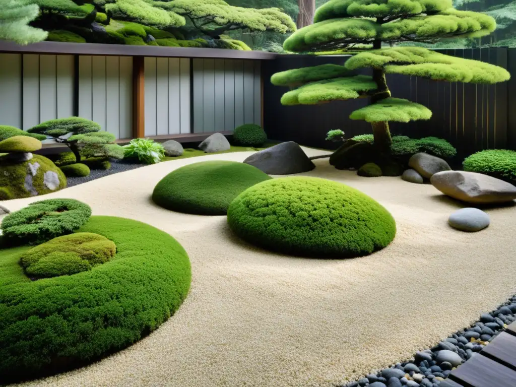 Un jardín zen japonés que transforma tu espacio con Feng Shui: grava, musgo y árboles podados, en armonía serena