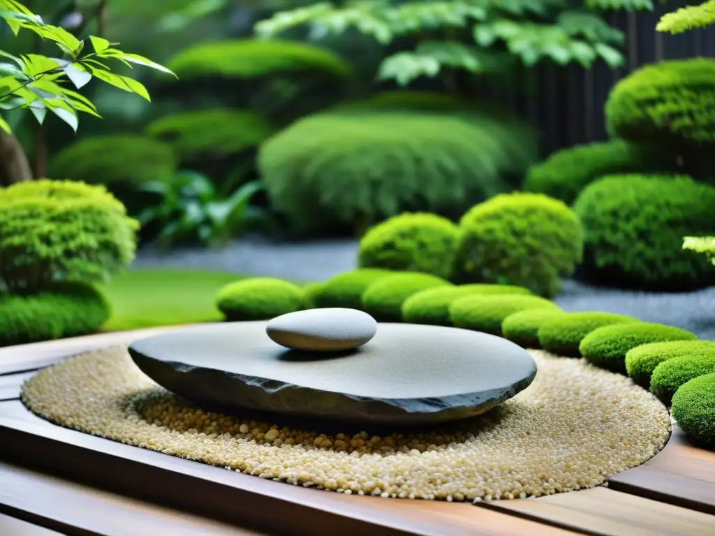 Un jardín zen japonés con grava, roca y vegetación exuberante