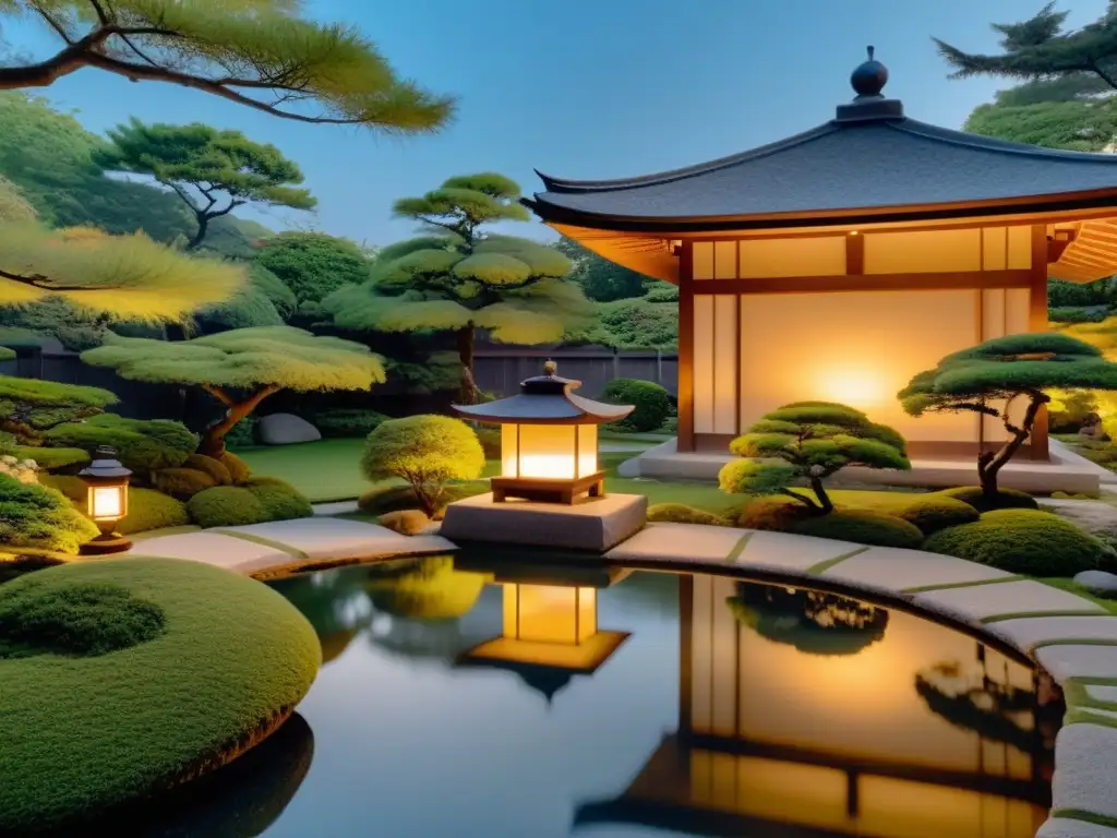 Un jardín japonés iluminado con suave luz cálida al anochecer, creando una atmósfera de iluminación armoniosa jardín Feng Shui