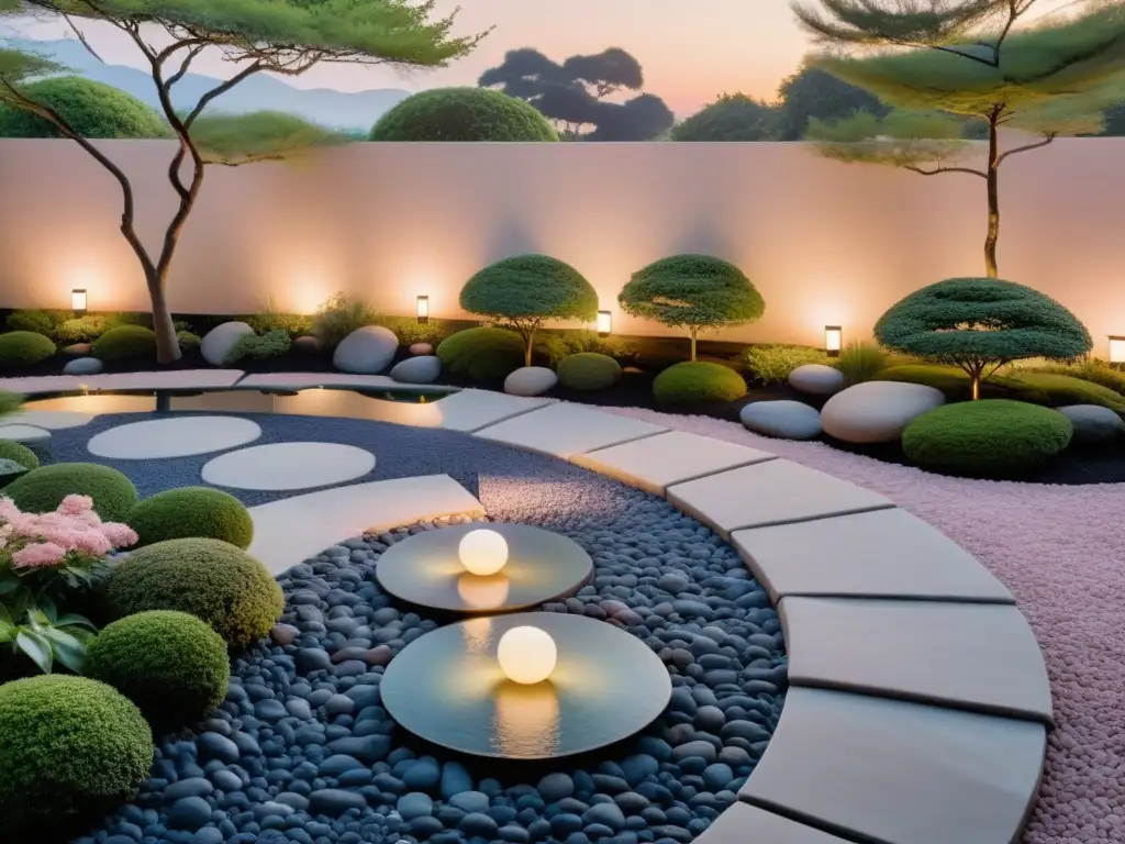 Jardín japonés al atardecer: serenidad y armonía Un jardín japonés iluminado por suaves linternas, reflejando serenidad en el atardecer