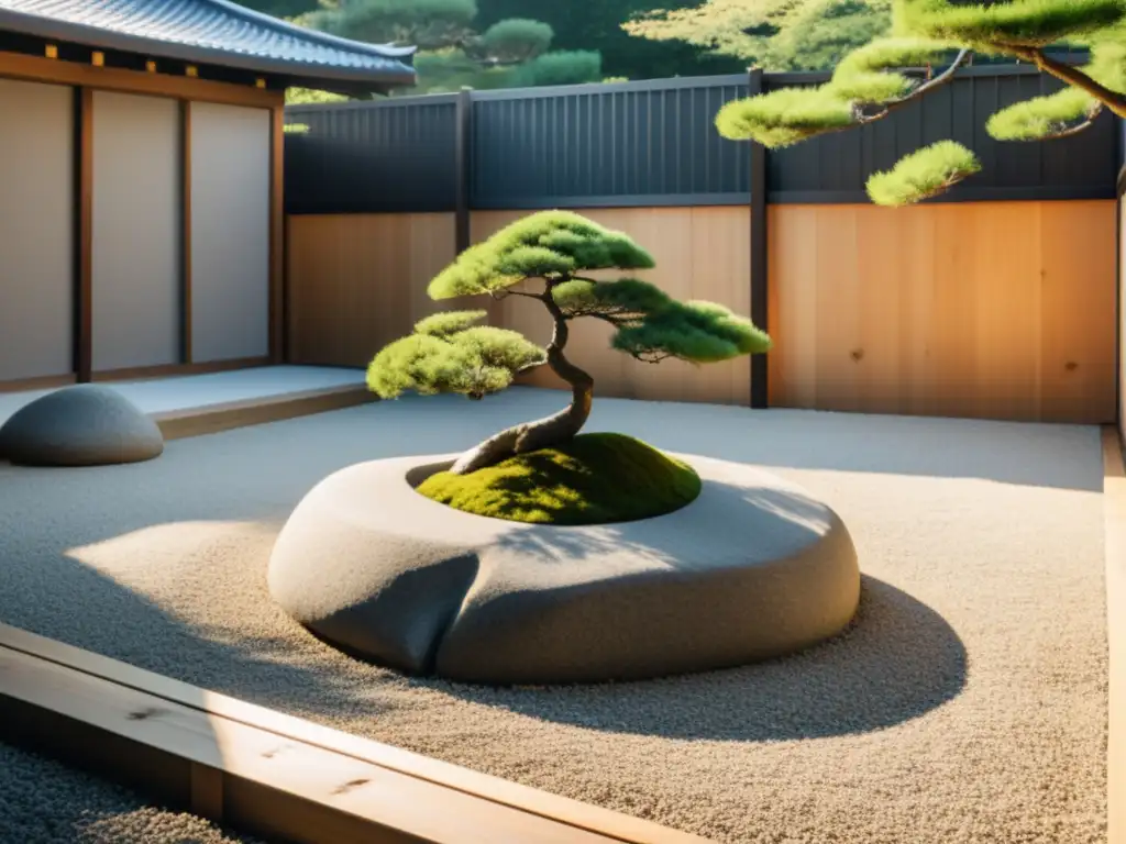 Un jardín zen japonés minimalista con rocas y un árbol podado, integrando el Feng Shui en el hogar