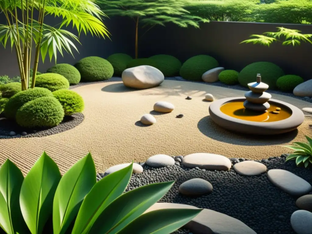 Jardín zen japonés con patrones en la grava, vegetación exuberante y fuente de bambú