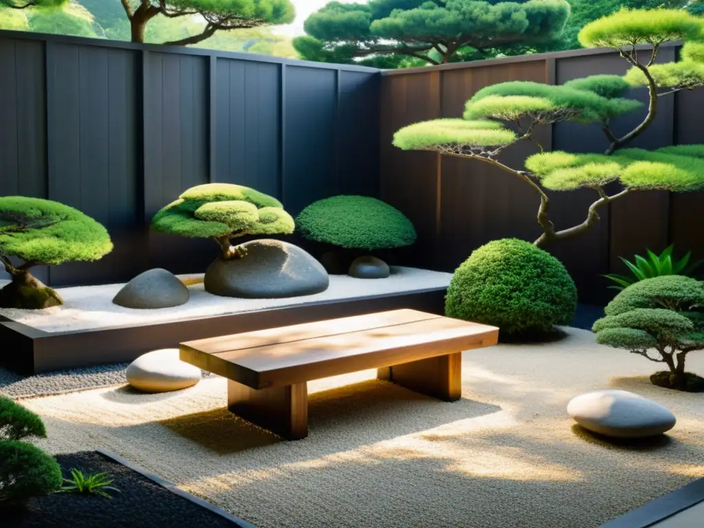 Jardín japonés con piedras, bonsáis y banco de madera