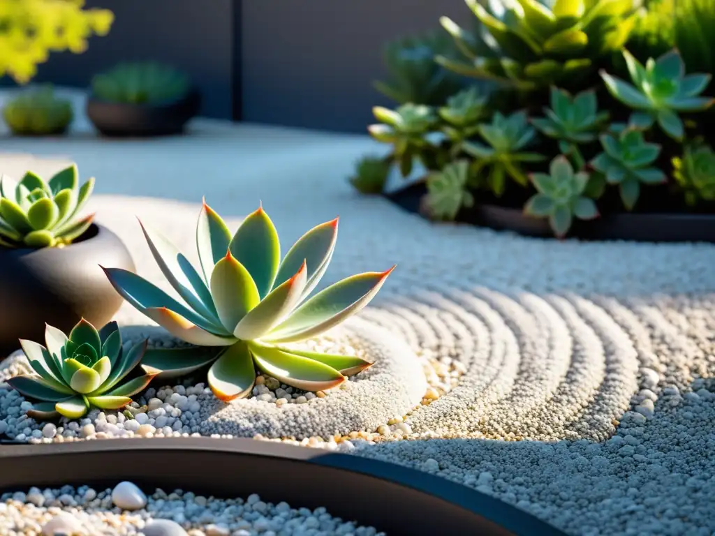 Un jardín japonés de roca con patrones de grava y suculentas en macetas minimalistas transmite calma y equilibrio