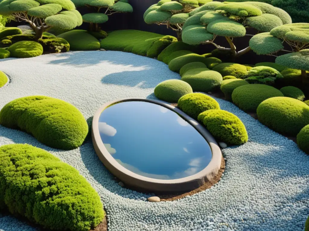 Jardín japonés con rocas armoniosas, musgo y arbustos, bajo un cielo azul sereno