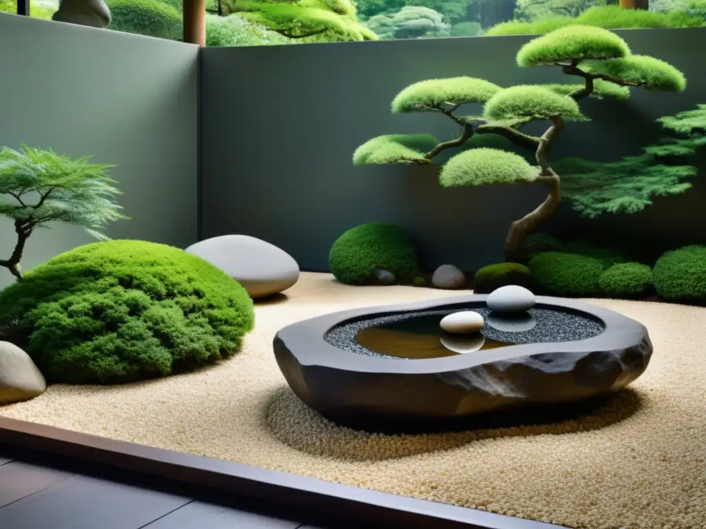 Jardín zen japonés con rocas armonizadas, rodeado de vegetación exuberante y agua serena