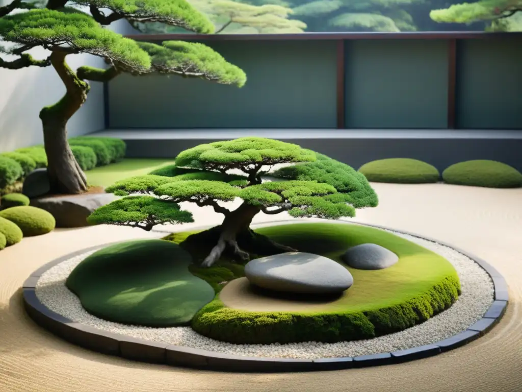 Jardín japonés con rocas, bonsáis y equilibrio de los cinco elementos Feng Shui