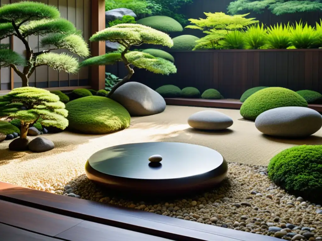 Un jardín zen japonés con rocas cuidadosamente dispuestas, rodeado de musgo y materiales innovadores para feng shui, emitiendo calma y equilibrio