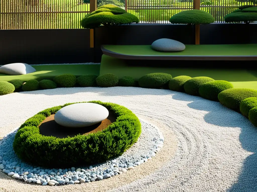 Jardín japonés de rocas y geometría sagrada, transmitiendo serenidad y equilibrio con elegancia y armonía