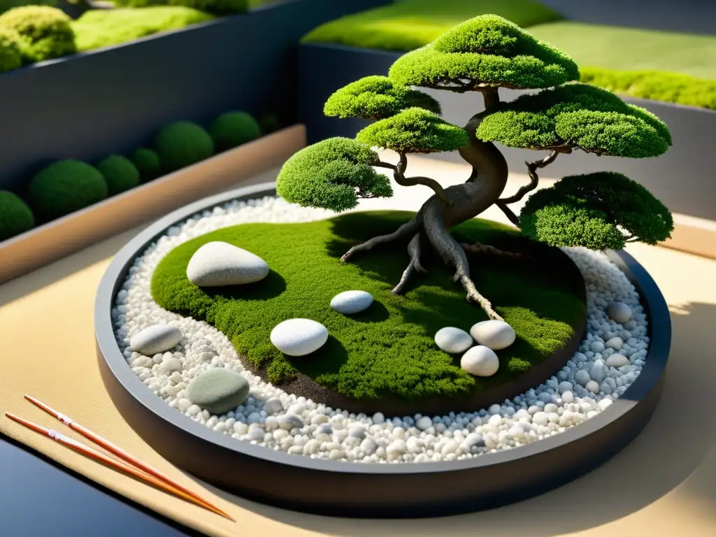 Un jardín japonés con rocas, grava blanca, musgo verde y bonsáis podados, que refleja el equilibrio de los cinco elementos Feng Shui