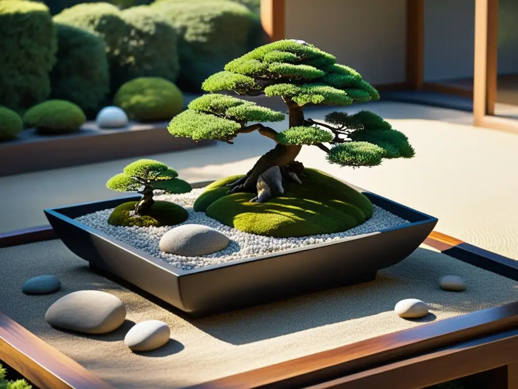 Jardín japonés con rocas, musgo y bonsái en maceta