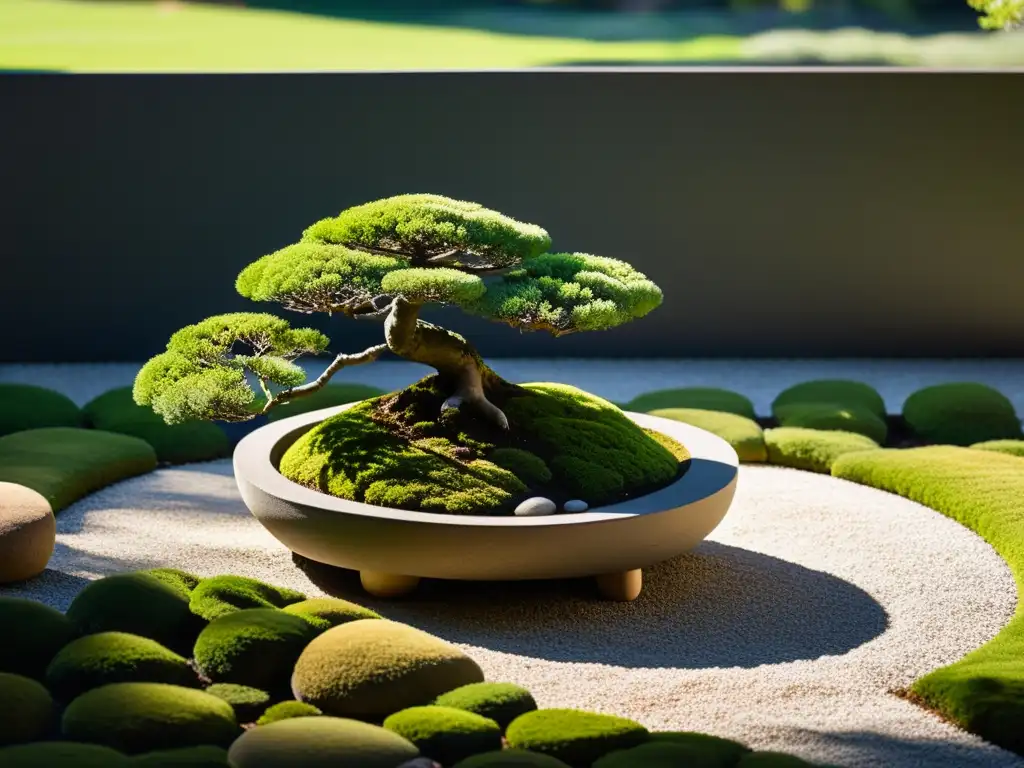 Jardín japonés con rocas, musgo, bonsái y armonización Feng Shui