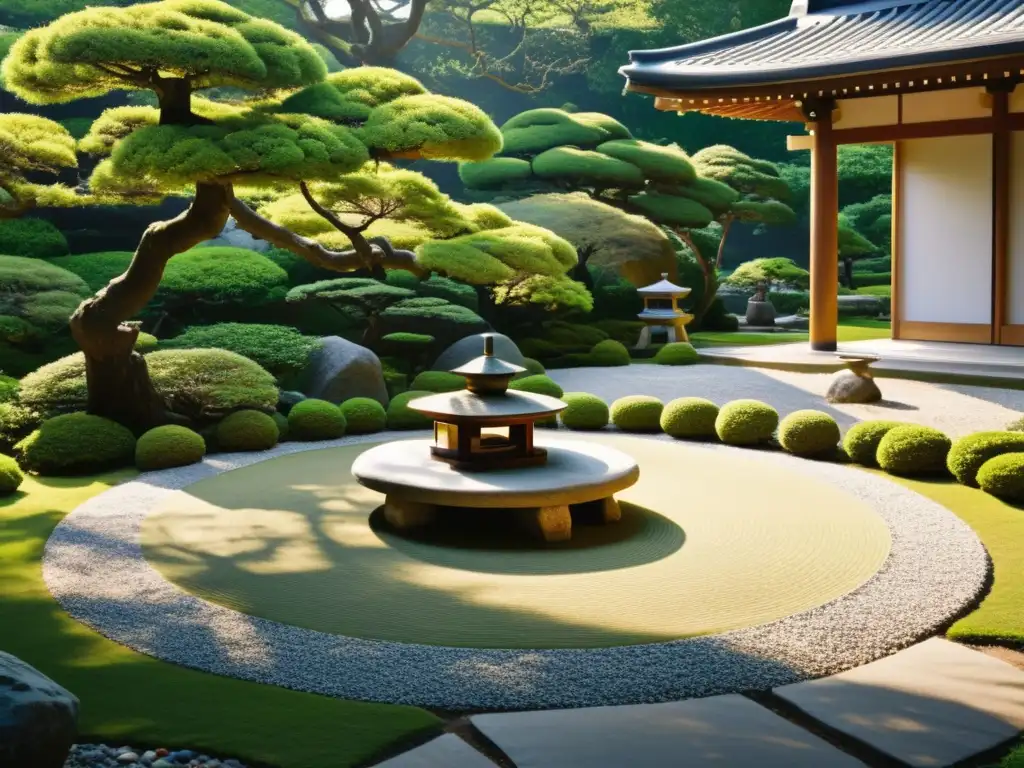 Un jardín japonés sereno con árboles bonsái cuidadosamente podados y una linterna de piedra, en equilibrio armonizado