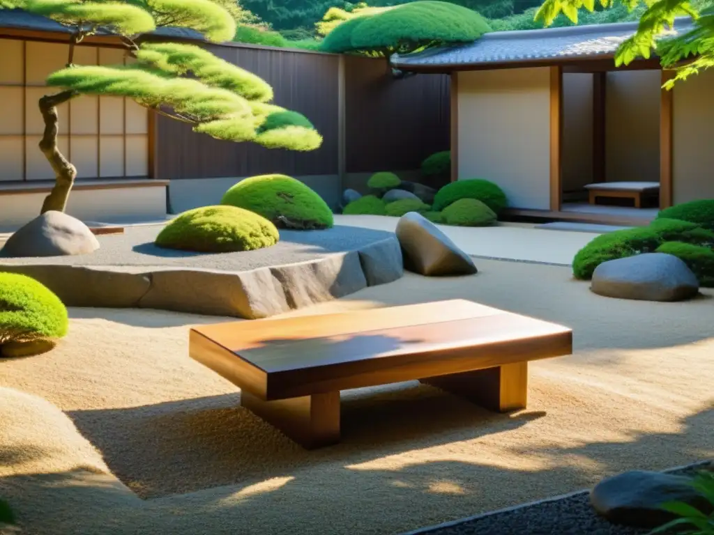 Un jardín zen japonés sereno con un banco de madera, rodeado de vegetación exuberante