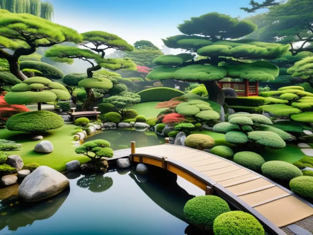 Jardín japonés sereno con bonsáis, estanque y puente de madera