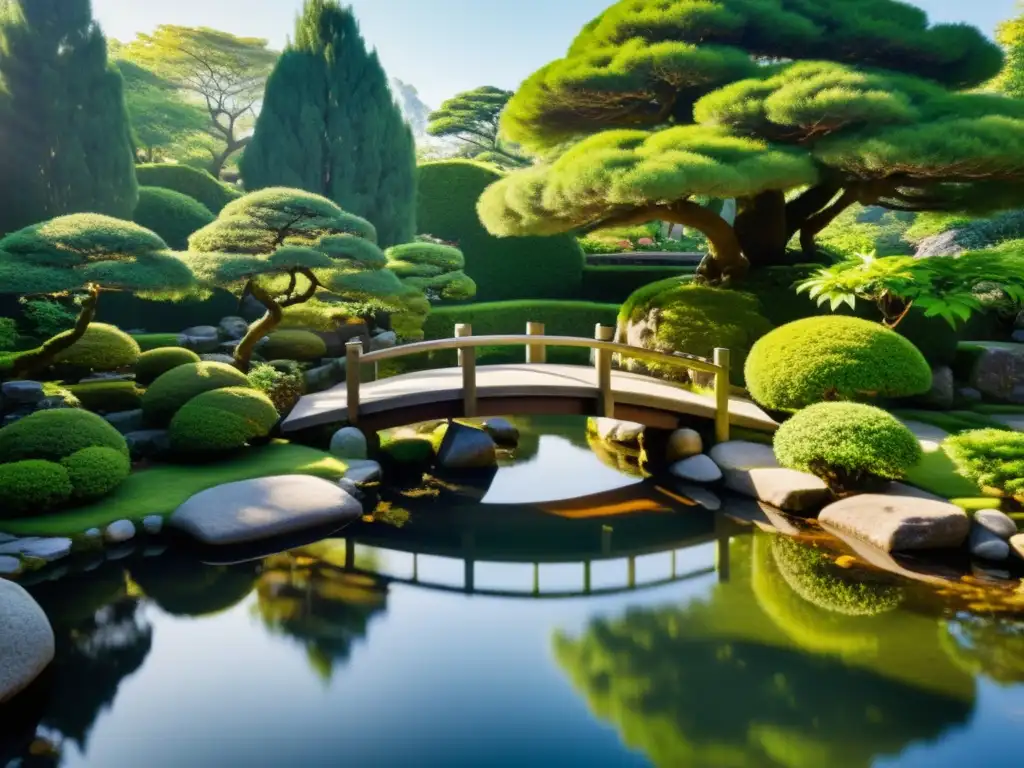 Un jardín japonés sereno con bonsáis, un puente de piedra sobre un estanque y vegetación exuberante reflejada en el agua